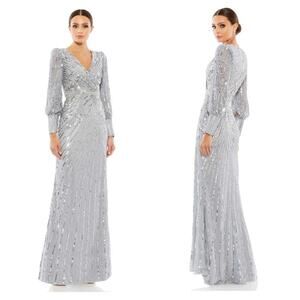 Mac Duggal Sequin Wrap-Over Bishop-Sleeve Gown Silver Size 4 NWT